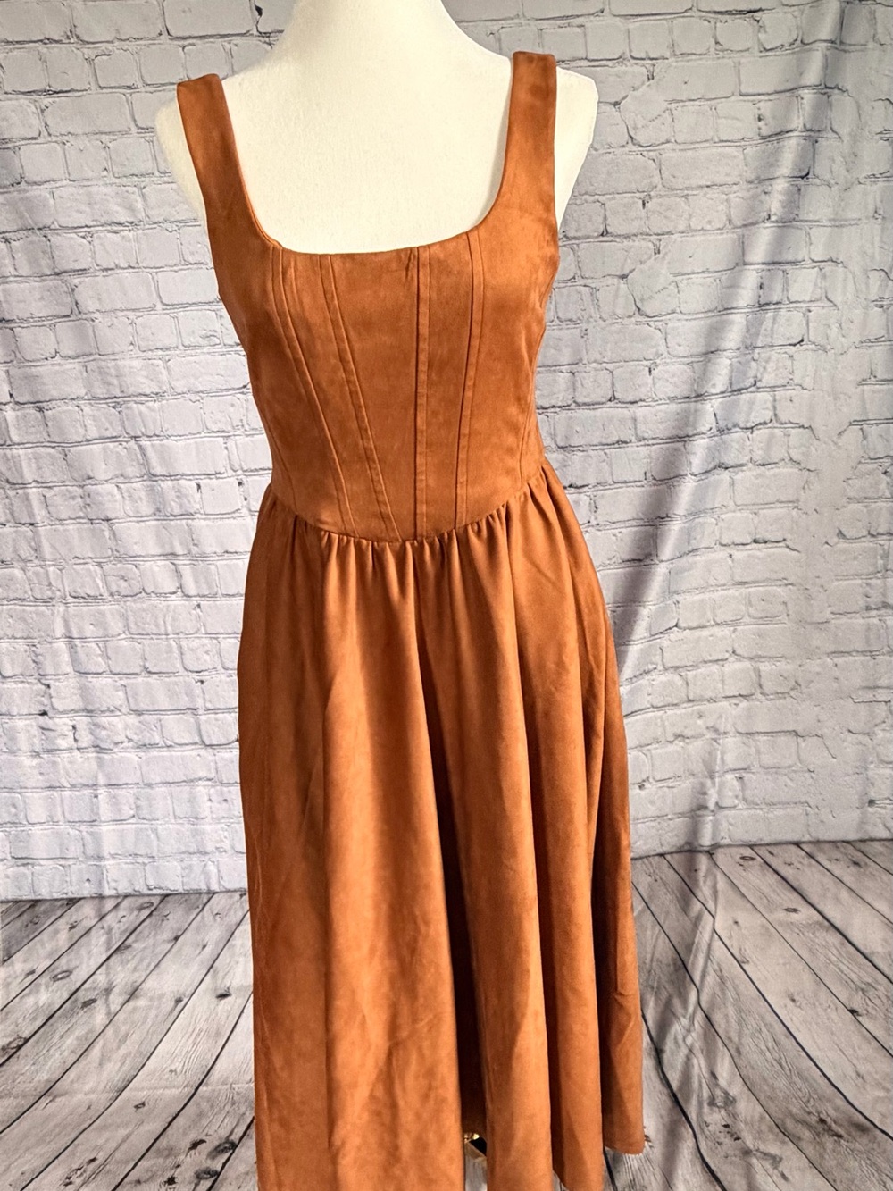 Wayf Rust Brown Sleeveless Faux-Suede Midi Dress